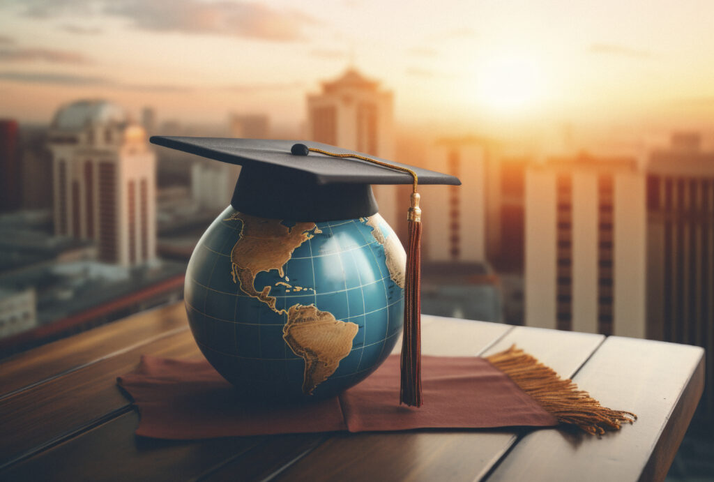 Graduation cap resting on a globe, representing education
