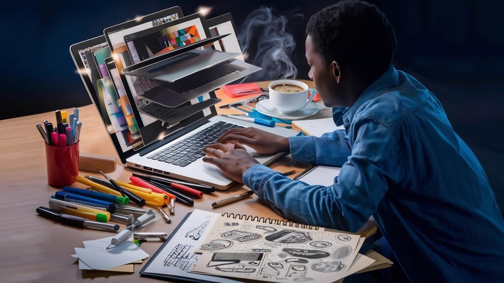 Graphic designer working remotely on a laptop