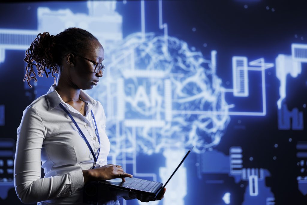 Illustration of a person working with an artificial intelligence neural network
